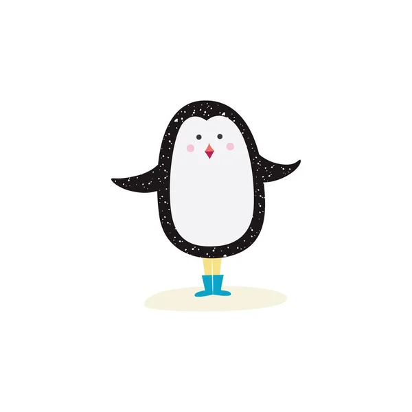 Śliczne śmieszne małe Boże Narodzenie Pingwin stoi w butach i pod śniegiem. — Wektor stockowy