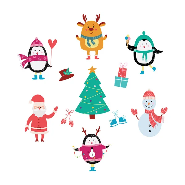 Animali dei cartoni animati intorno all'albero di Natale - simpatici pinguini, cervi, pupazzi di neve e Babbo Natale che organizzano una festa invernale — Vettoriale Stock