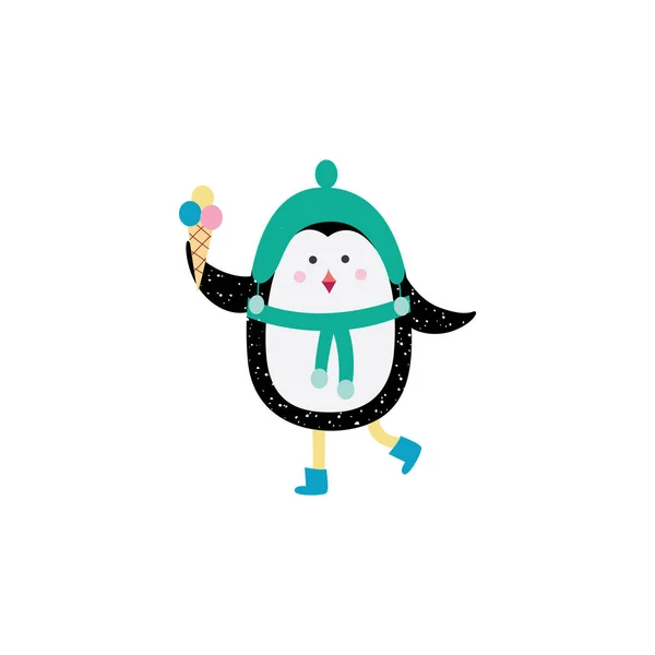 Pingüino de dibujos animados en ropa de invierno caliente sosteniendo un helado y caminando — Vector de stock