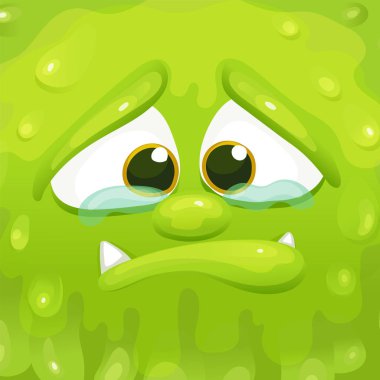 Bir küp çerçeve içinde Üzgün yeşil canavar, squishy slime yabancı gözyaşları nı tutarak ağlıyor.