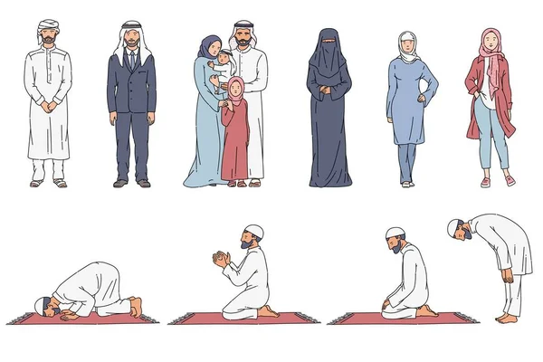Conjunto de personajes de dibujos animados musulmanes - Hombres y mujeres árabes con ropa tradicional — Archivo Imágenes Vectoriales