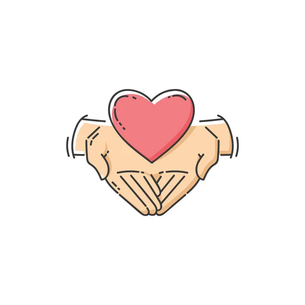 Płaska ikona charytatywna-dwie ręce trzymujące serce, miłość i wsparcie dla dobra Przyczyna — Wektor stockowy