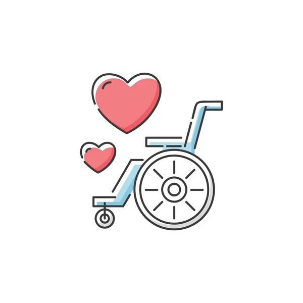 Icono de silla de ruedas con corazones, conciencia de discapacidad y símbolo de cuidado para la organización benéfica — Vector de stock