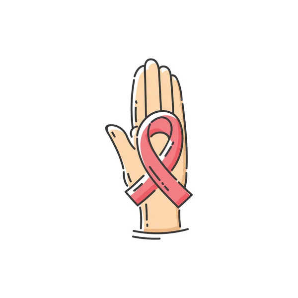 Main humaine tenant un ruban rouge icône de la campagne de sensibilisation au cancer — Image vectorielle