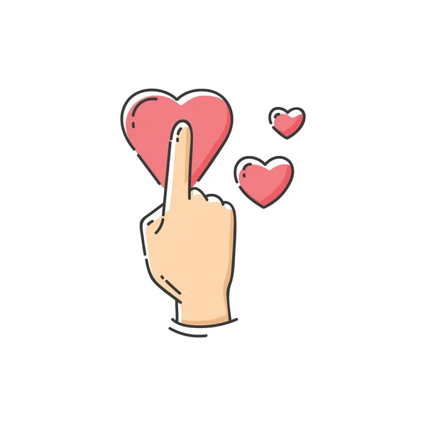 Ludzka ikona ręki z palcem naciskając przycisk serca. — Wektor stockowy
