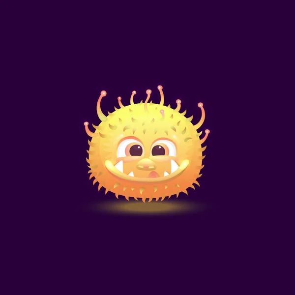 Funny cartoon monster with round shape, yellow color and hairy glowing skin smiling. — Stock Vector