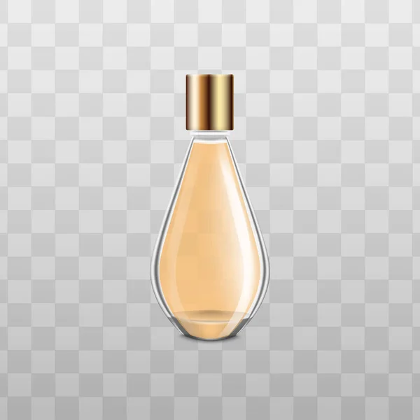 Élégante bouteille de parfum en verre avec bouchon jaune liquide et or — Image vectorielle