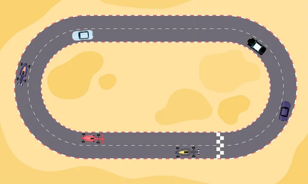 Carrera de coches de competición de velocidad en la pista de dibujos animados de vista superior . — Vector de stock