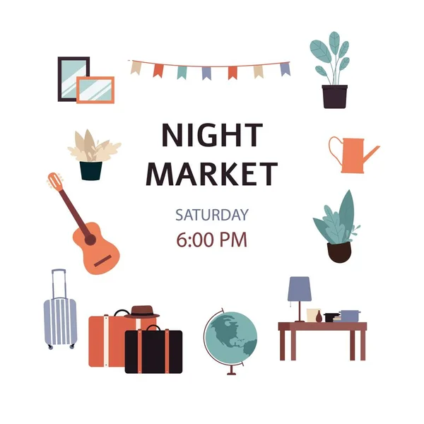 Mercado nocturno - anuncio de póster de tienda callejera de segunda mano — Vector de stock