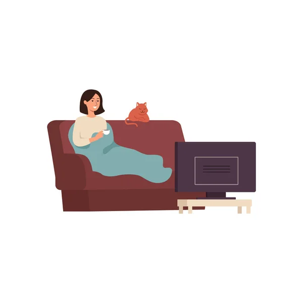 年轻的孤独妇女看电视与她的猫平卡通矢量插图. — 图库矢量图片