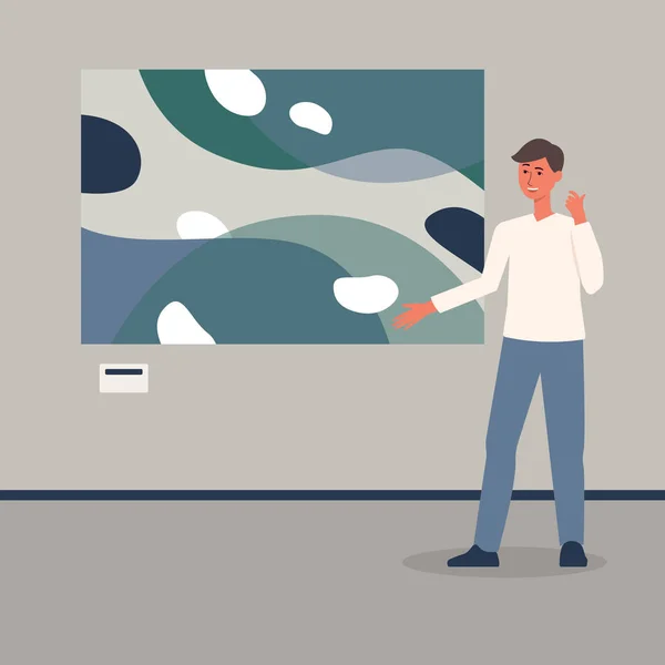 Manlig konstutställning eller Galleri besökare som tittar på bilden platt vektor illustration. — Stock vektor