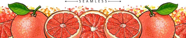 Grapefruit naadloze panorama grens tekening-rode sappige Citrus goed gesneden in de helft en hele op kleurrijke achtergrond — Stockvector