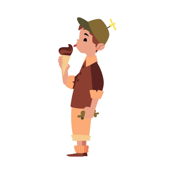 Niño sosteniendo y comiendo helado de chocolate cono . — Archivo Imágenes Vectoriales