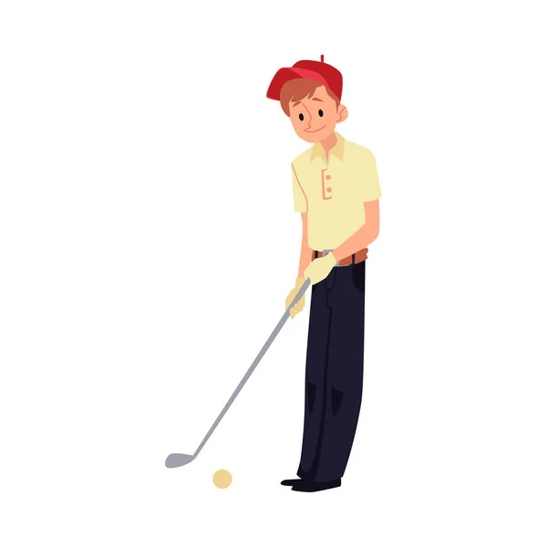 Adolescent garçon dans rouge cap jouer golf plat dessin animé vecteur illustration isolé . — Image vectorielle