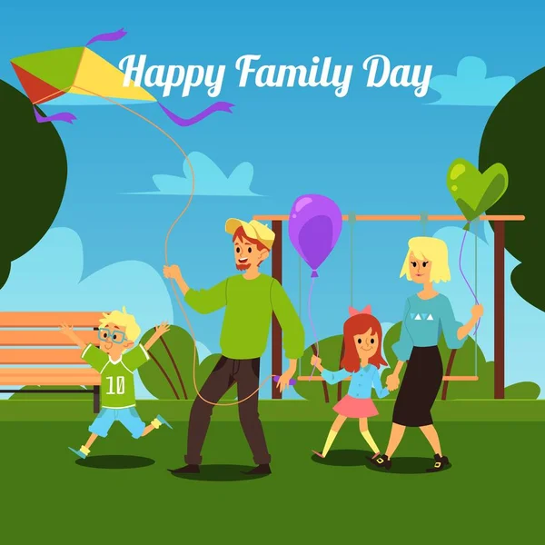 Dia de família feliz - pais de desenhos animados e crianças que andam em um parque — Vetor de Stock