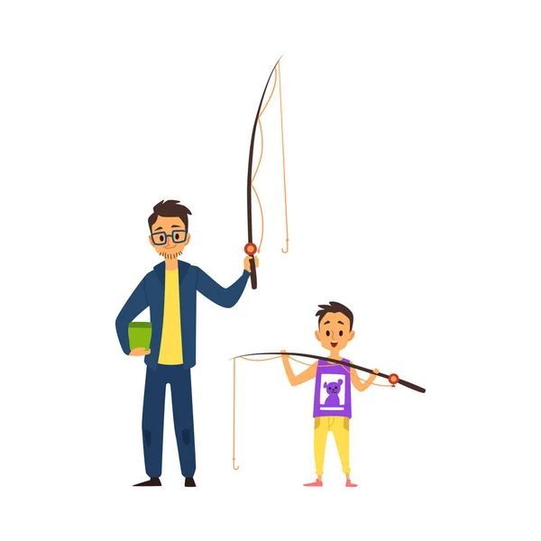 Vader en zoon gaan vissen-cartoon man en jongen Holding hengel en emmer. — Stockvector