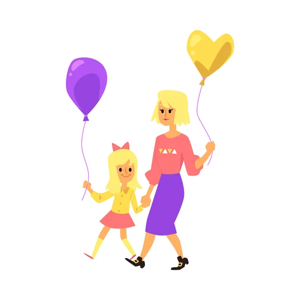 Feliz madre e hija en un paseo por el parque ilustración vectorial plana aislada . — Vector de stock