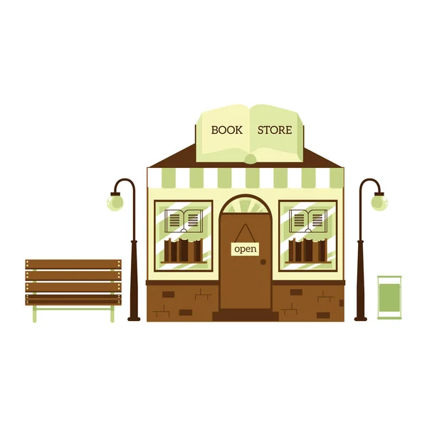 Boekwinkel gebouw exterieur-cute cartoon Shop gevel met boekenkasten en kleine bank — Stockvector