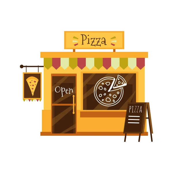 Edificio de la tienda de pizza o fachada de pizzería ilustración plana vector de dibujos animados aislado . — Archivo Imágenes Vectoriales