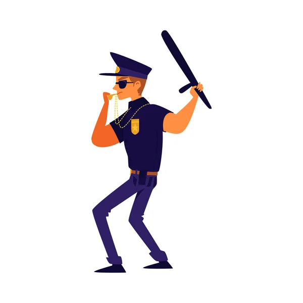 Cartoon politieman in blauw uniform blazen een fluitje — Stockvector