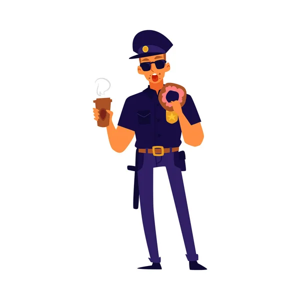 도넛을 먹고 커피 한 잔을 들고 있는 경찰관. — 스톡 벡터