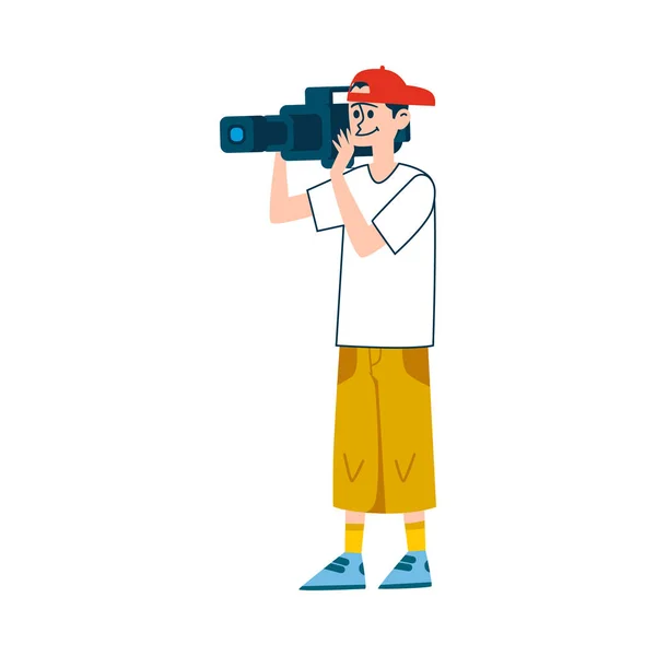 Adolescente cameraman segurando mão câmera de vídeo - operador homem — Vetor de Stock