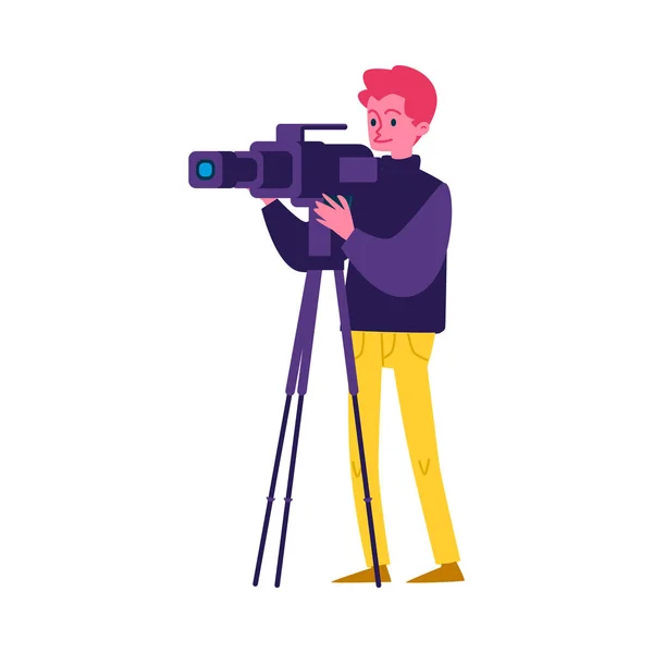 CameraMan forgatás egy videót a professzionális kamera állványt. — Stock Vector