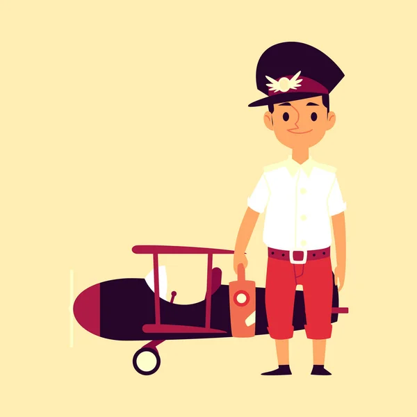 Kid boy piloto no fundo com avião plano isolado vetor ilustração . — Vetor de Stock