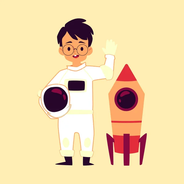 Astronaut kind jongen met ruimte raket platte cartoon vector illustratie geïsoleerd. — Stockvector