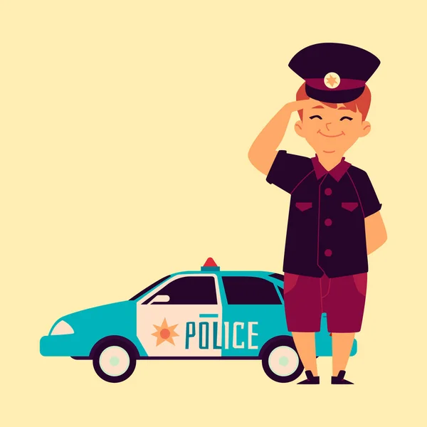 Маленький хлопчик у поліцейській шапці стоїть біля патрульної машини . — стоковий вектор