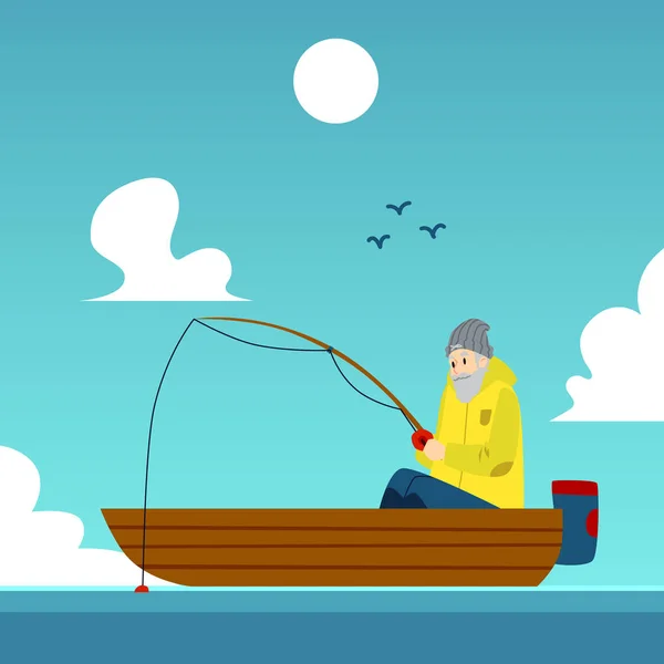 Rybář sedící na lodi držící rybářské tyčinky plochý vektorový obrázek. — Stockový vektor
