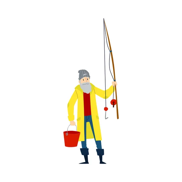 Pescador ou pescador segurando haste de pesca a ilustração vetorial plana isolado . —  Vetores de Stock