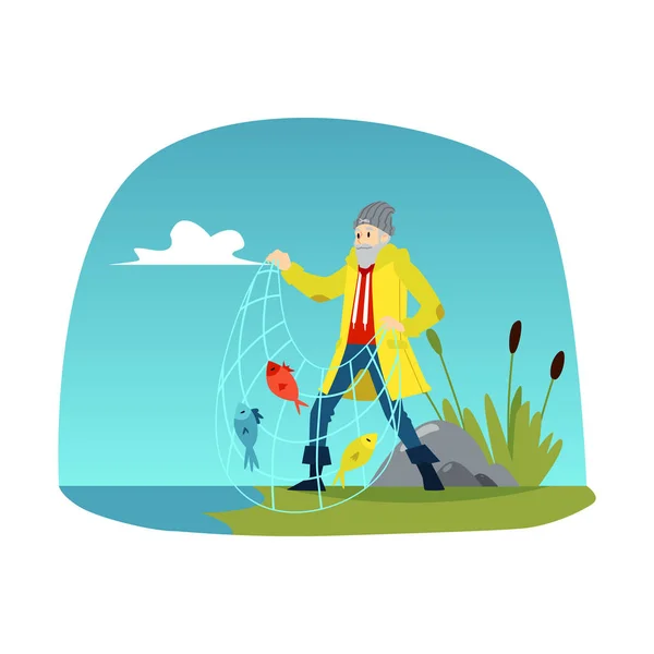 Pescador com ilustração vetorial em um fundo de paisagem fluvial . — Vetor de Stock