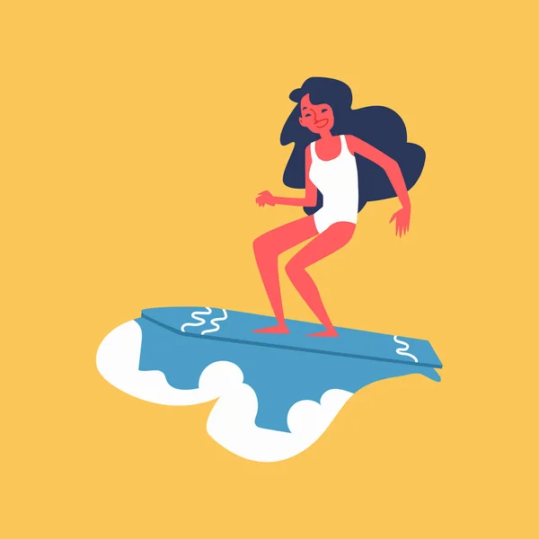 Menina nova montando uma onda na prancha de surf, mulher surfista desenhos animados —  Vetores de Stock