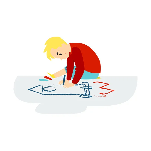 Kind Junge zeichnet Bild mit Wachsmalstift auf Boden flache Vektor Illustration isoliert. — Stockvektor