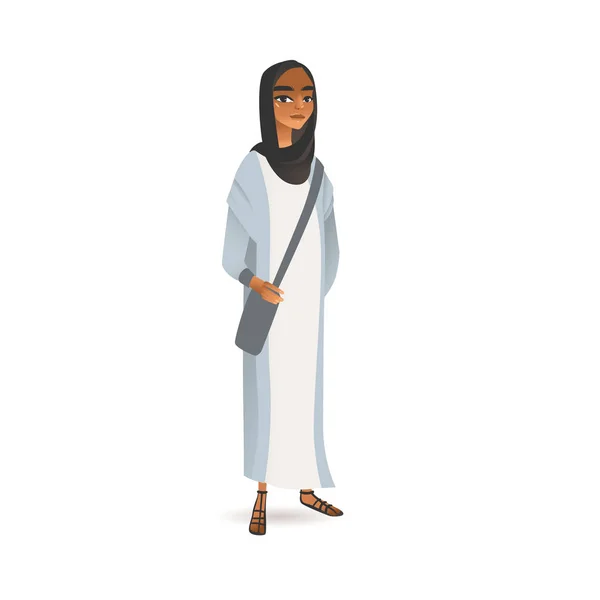 Muslimische Frau im schwarzen Hijab und modischem Outfit - weibliche Cartoonfigur — Stockvektor