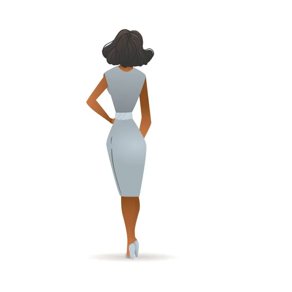 Gyönyörű nő szürke ruhában látható a hátsó kilátás-Cartoon lány, sötét bőr — Stock Vector