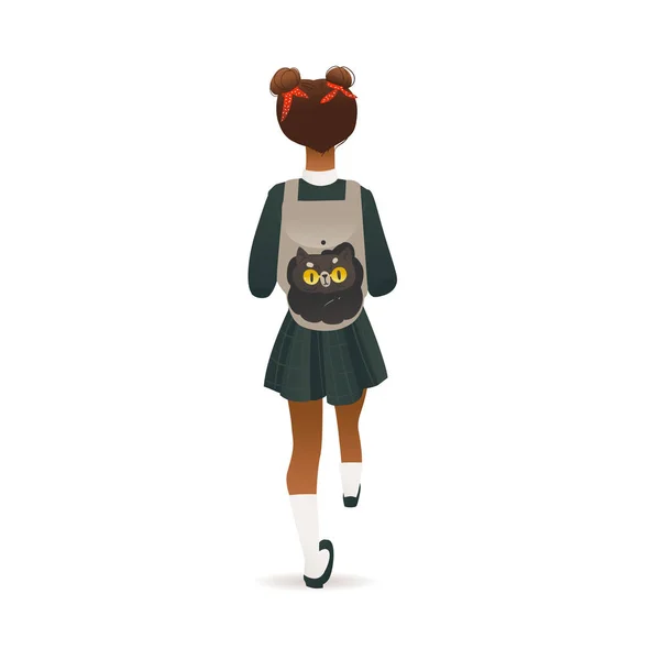 Cartoon school girl with backpack from back view - little child in uniform Stock Illustration