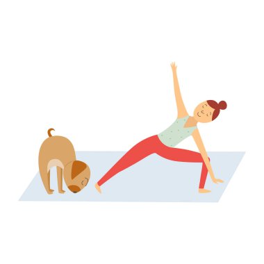 Sevimli genç kız ve onun evcil köpek Yoga asana düz vektör illüstrasyon izole yapıyor.