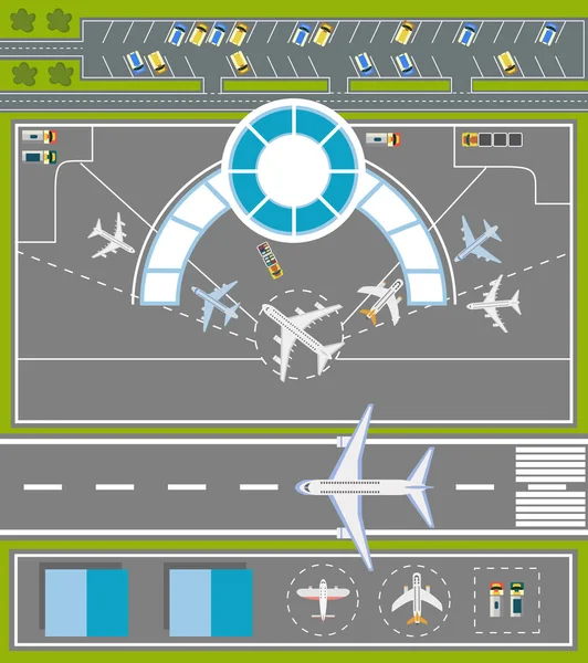 Aeroporto de pista vista superior - ilustração vetorial cartoon plana de estacionamento do avião —  Vetores de Stock