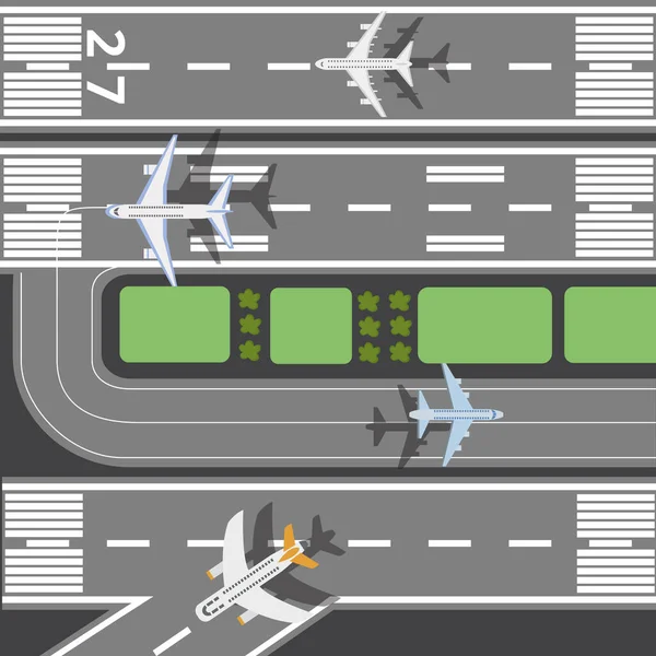 공항 이륙 필드 플랫 벡터 일러스트의 활주로에 비행기. — 스톡 벡터