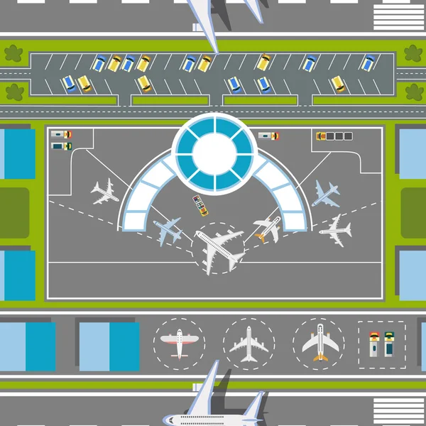 Airport runway top view - flat cartoon shot of airplane landing and lift off — Stock Vector