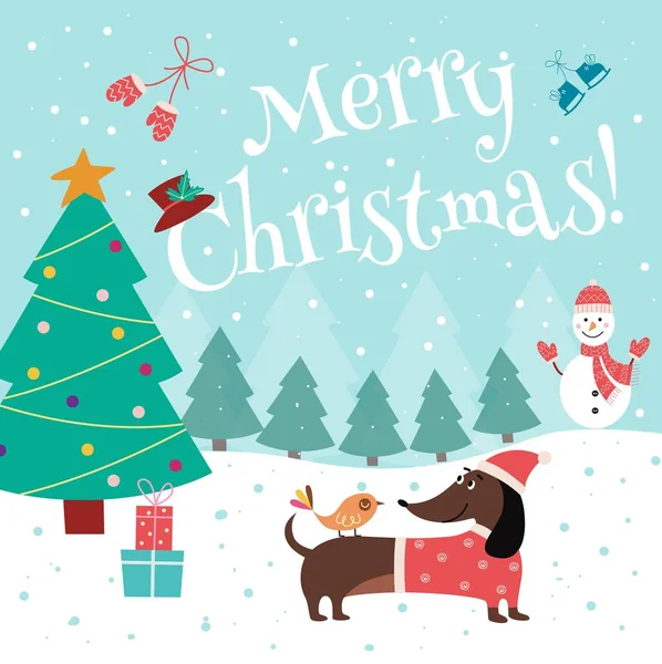Cartão de Natal com bonito dachshund em Santa hat ilustração vetorial plana . —  Vetores de Stock