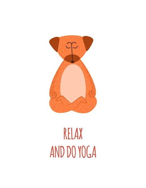 Cane in asana con Relax E Fare Yoga lettering piatto vettoriale illustrazione isolato . — Vettoriale Stock