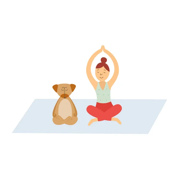 Donna dei cartoni animati e il suo cane meditando sul tappetino yoga — Vettoriale Stock