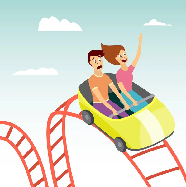 Couple on rollercoaster flat vector illustration on amusement park background. — Stock Vector