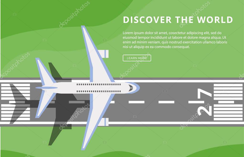 Discover the world text with airplane on runway flyer flat vector illustration.