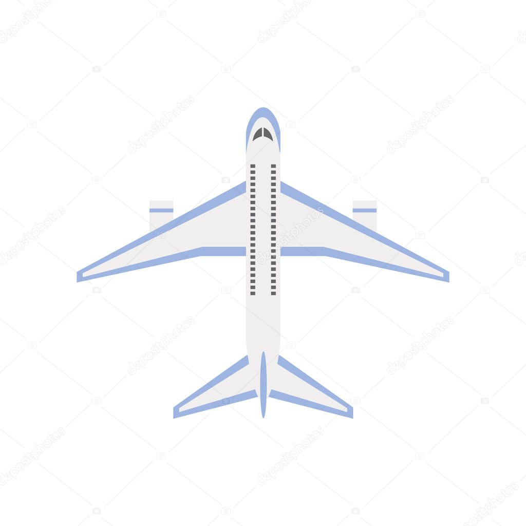 Flat isolated airplane from top view - cartoon plane icon with blue line