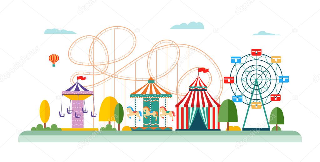 Amusement park attractions and rides vector flat illustrations isolated on white.