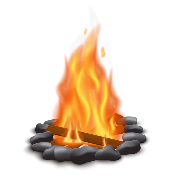 Flamme réaliste de feu de joie avec pied en pierre et billes de bois isolées sur fond blanc — Image vectorielle